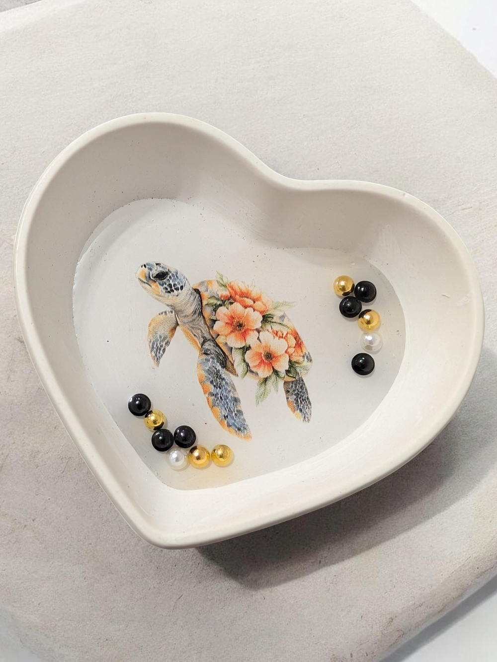 Heart-Shaped Ceramic Jewelry Dish with Turtle Floral Motif - White. Handmade.